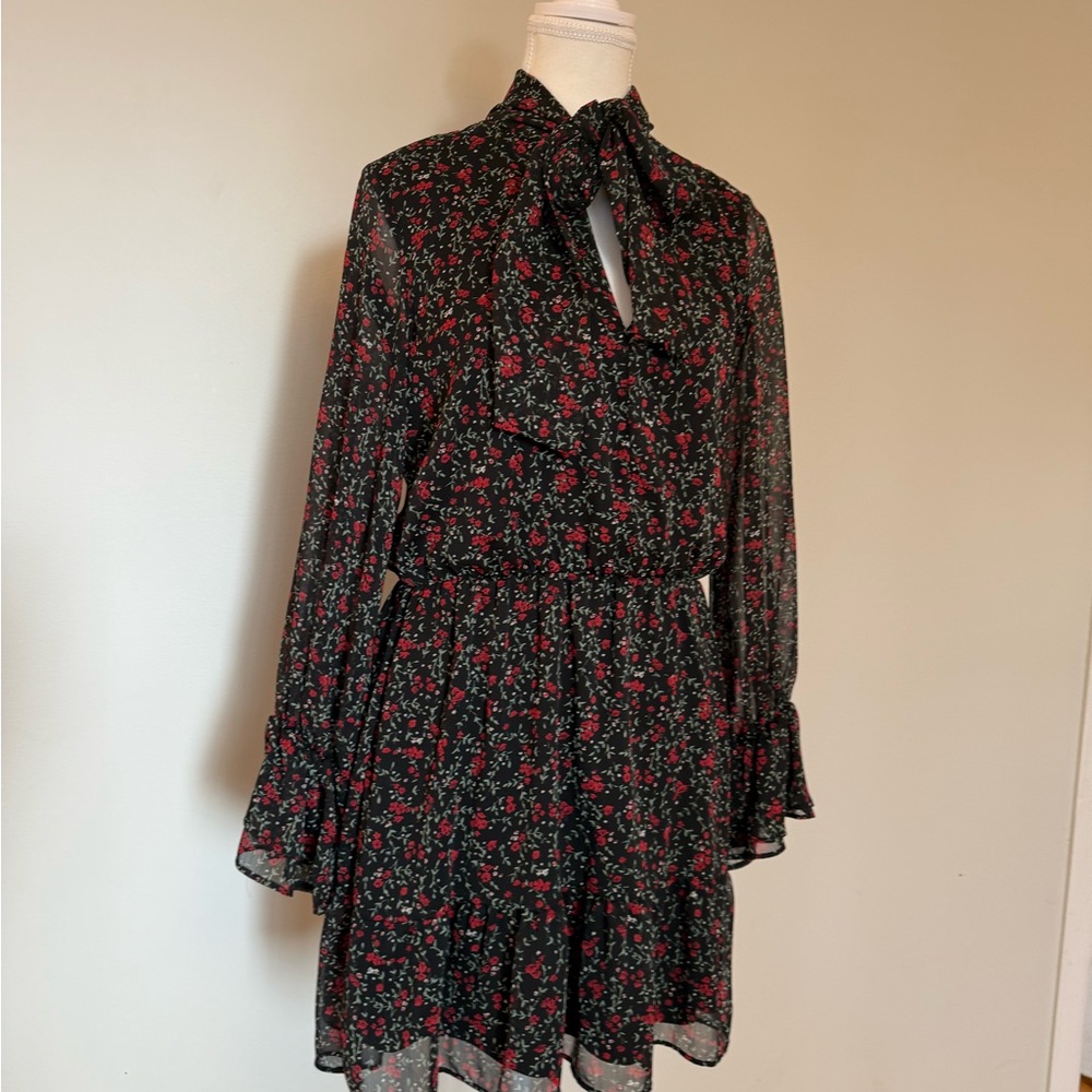 Zara Black and Red Tie Front Smocked Dress